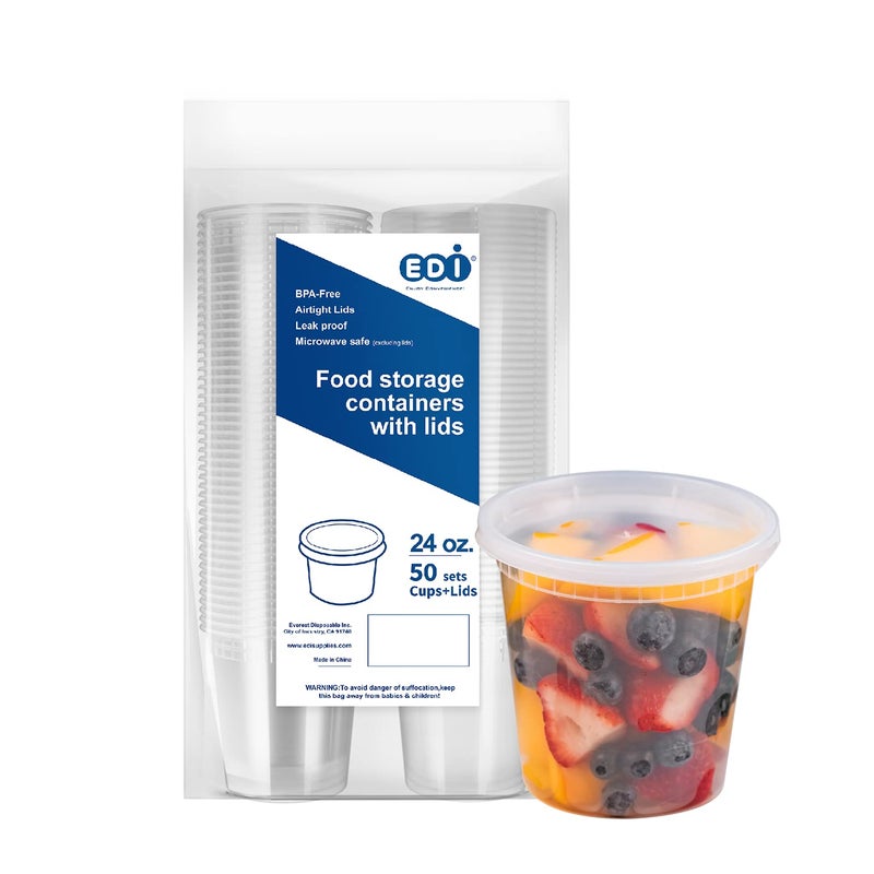 EDI [24 OZ, 50 Sets] Plastic Deli Food Storage Containers with Airtight Lids | Microwave-, Freezer-, Dishwasher-Safe | BPA Free | Heavy-Duty | Meal Prep | Leakproof | Recyclable - Image 1